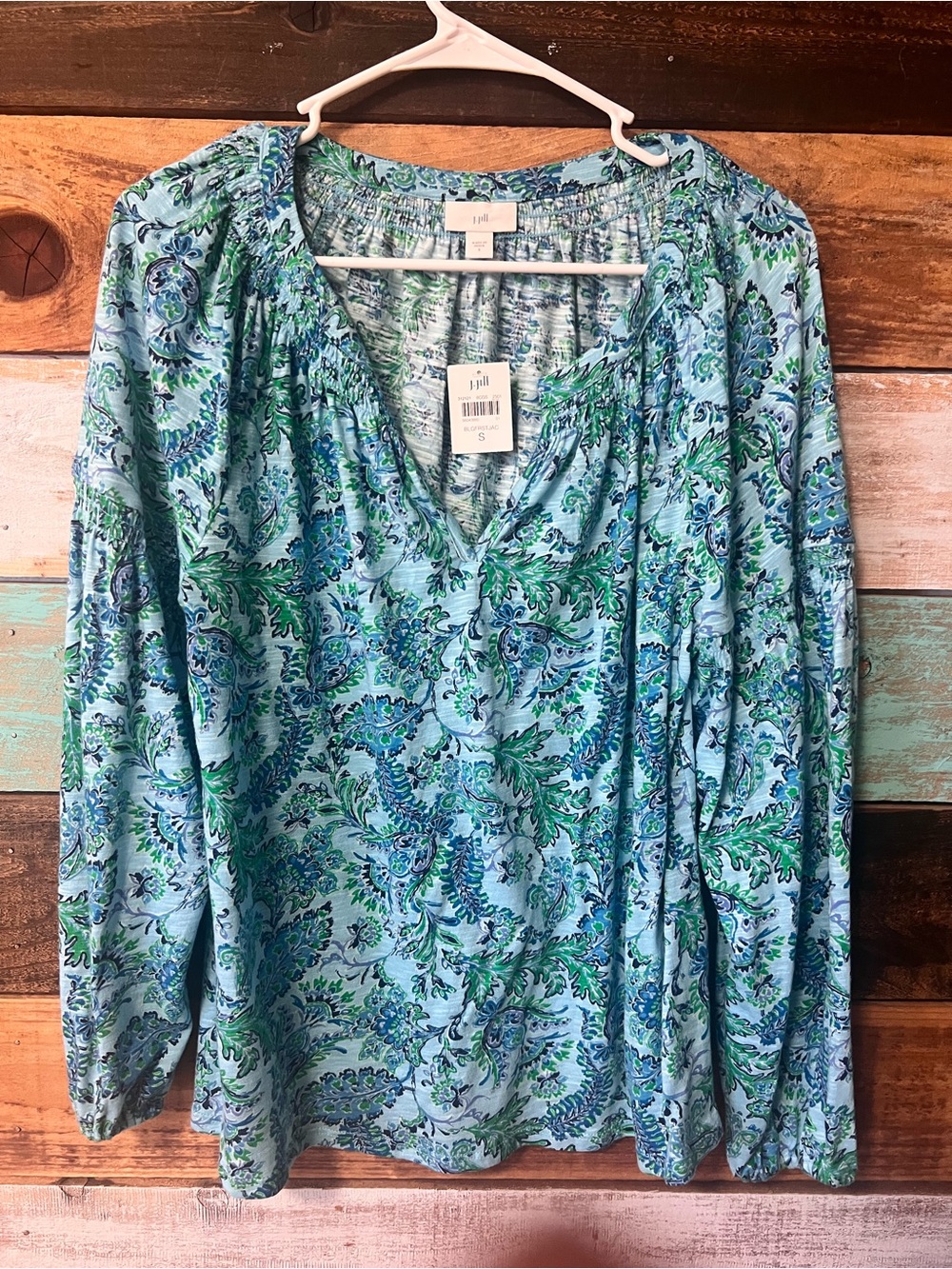 J. Jill Blue and Green Paisley V-Neck Long-Sleeve Peasant Blouse